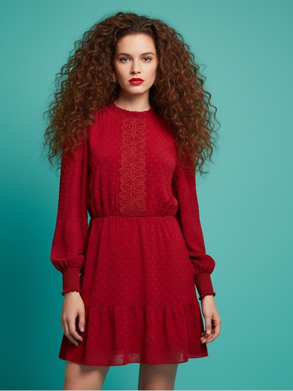 BCBG Paris Red Chenille Dot Lace Front High Neck Dress Size S